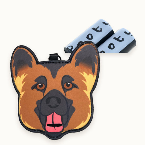 German Shepherd poop bag holder with two refill rolls of Pooty Pet bags