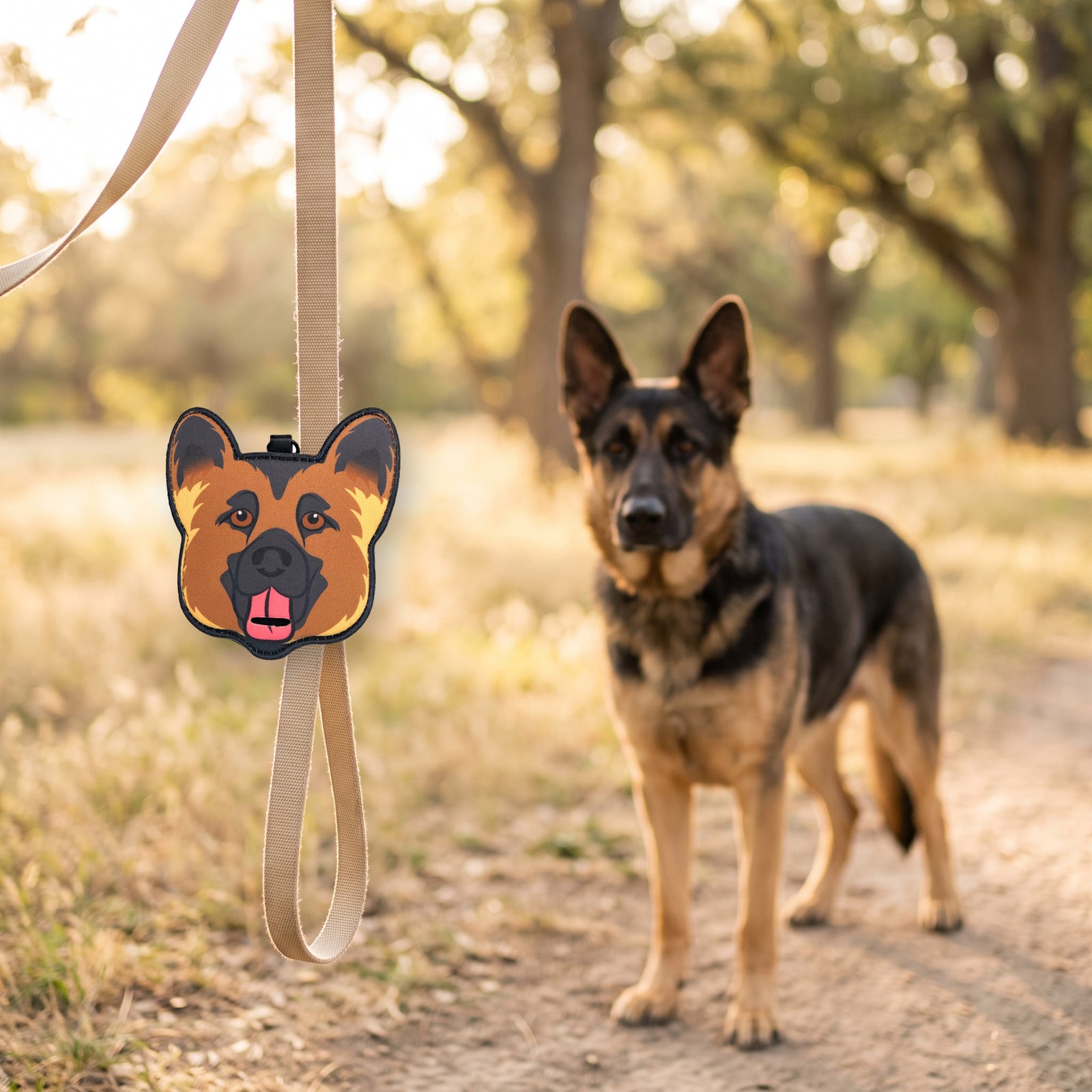 German Shepherd poop bag holder clipped to a leash on a walk