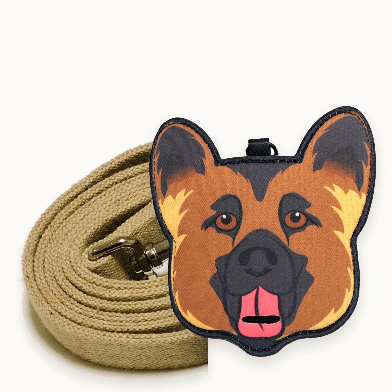 German Shepherd poop bag holder clipped to a cotton dog leash