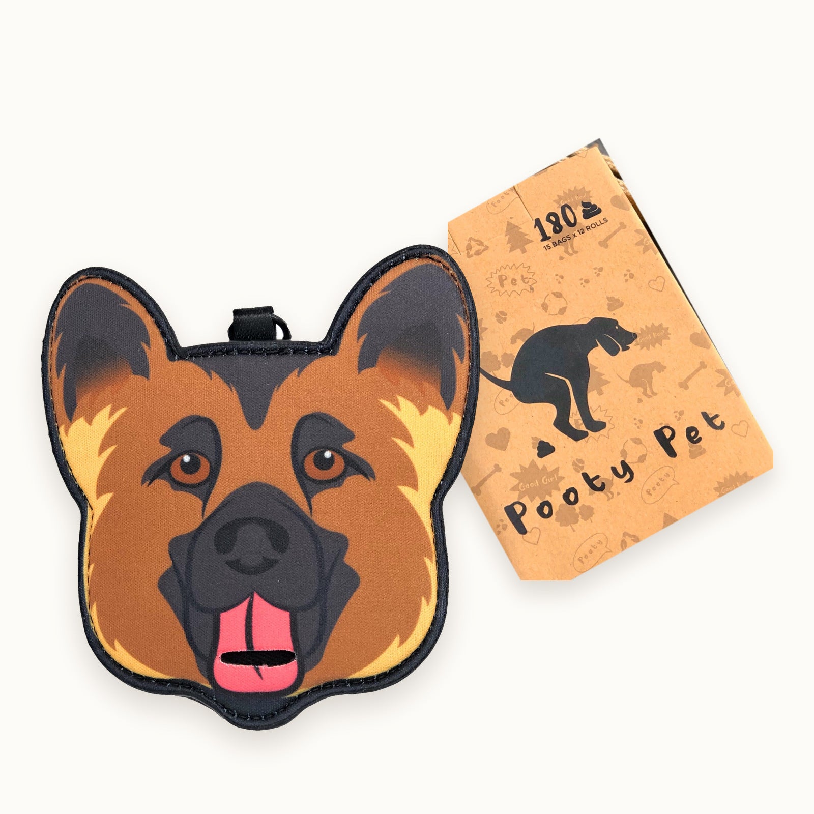 German Shepherd poop bag holder with its Pooty Pet gift box