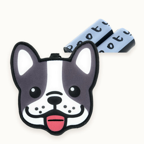 French Bulldog poop bag holder with two refill rolls of Pooty Pet bags