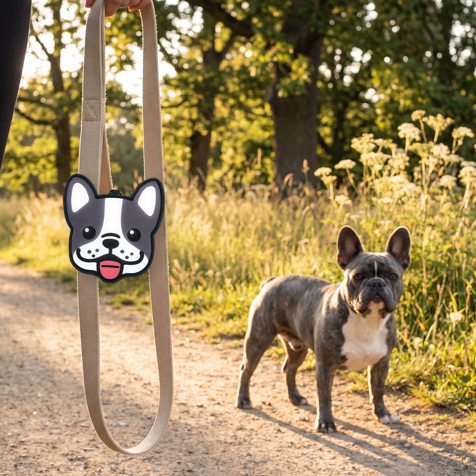French Bulldog poop bag holder clipped to a leash on a walk