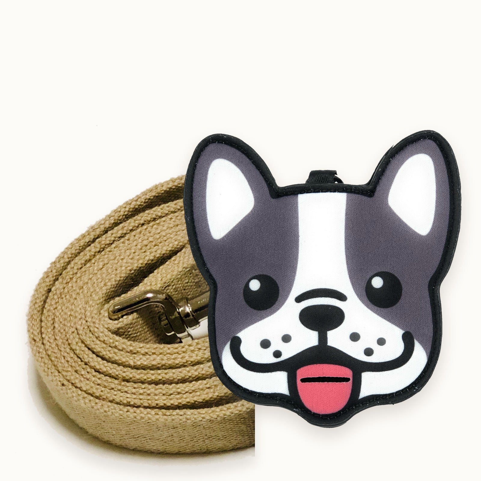 French Bulldog poop bag holder clipped to a cotton dog leash