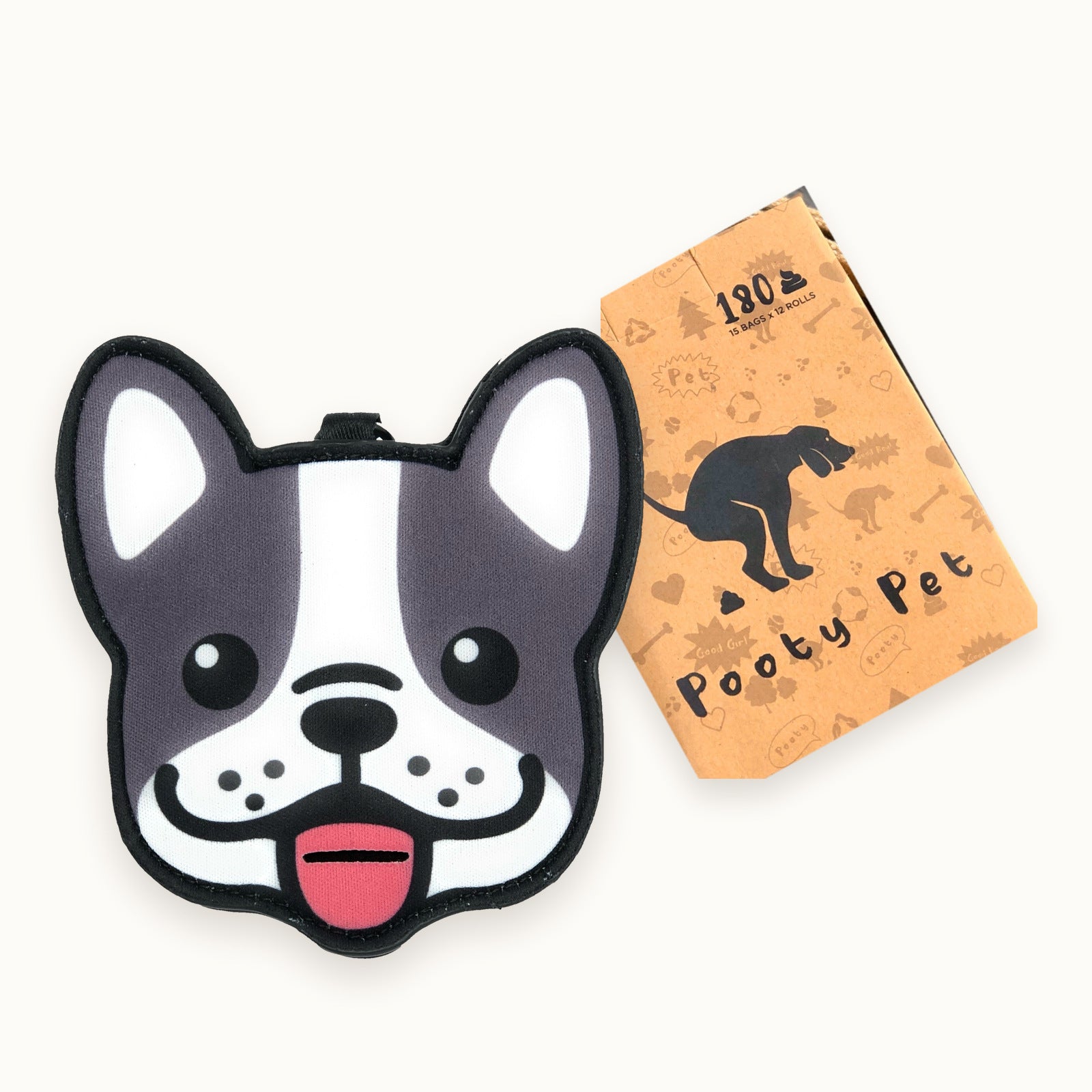 French Bulldog poop bag holder with its Pooty Pet gift box