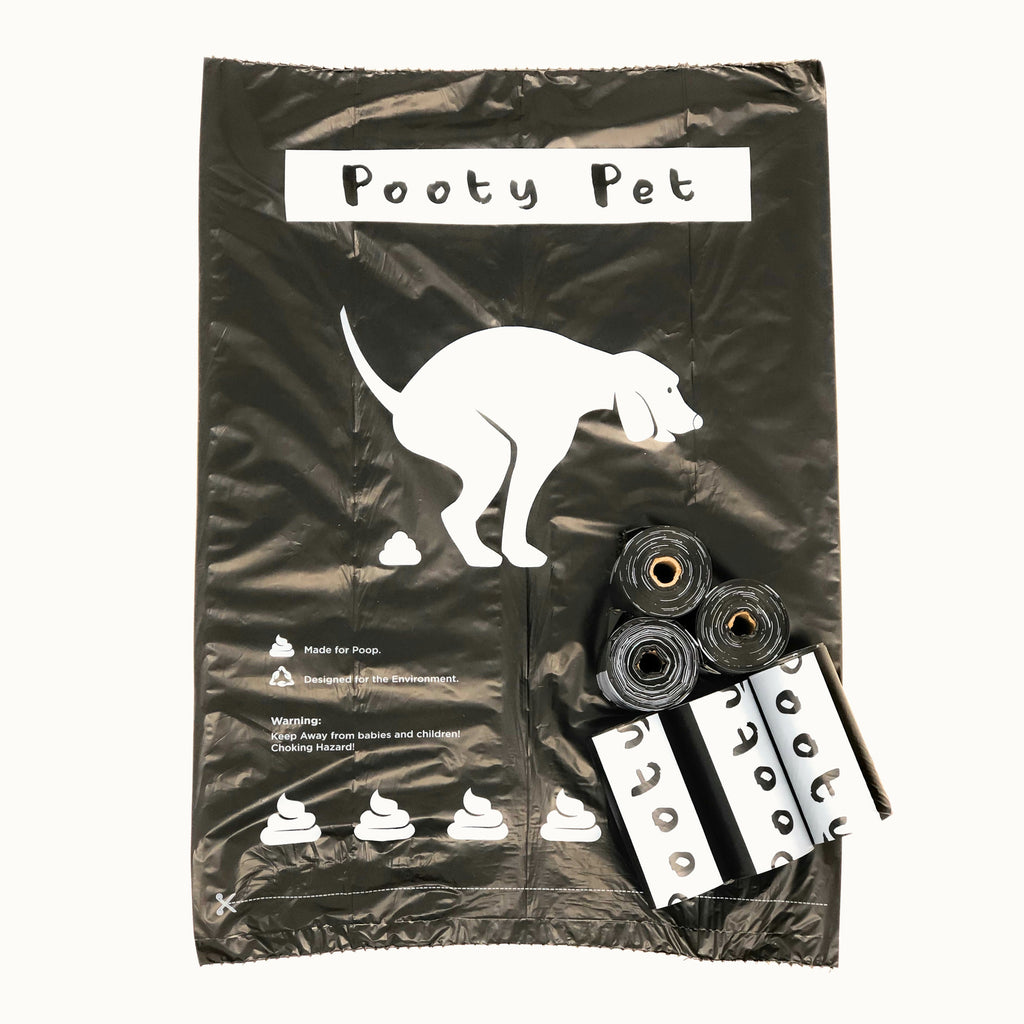 A single Pooty Pet biodegradable poop bag, unfolded