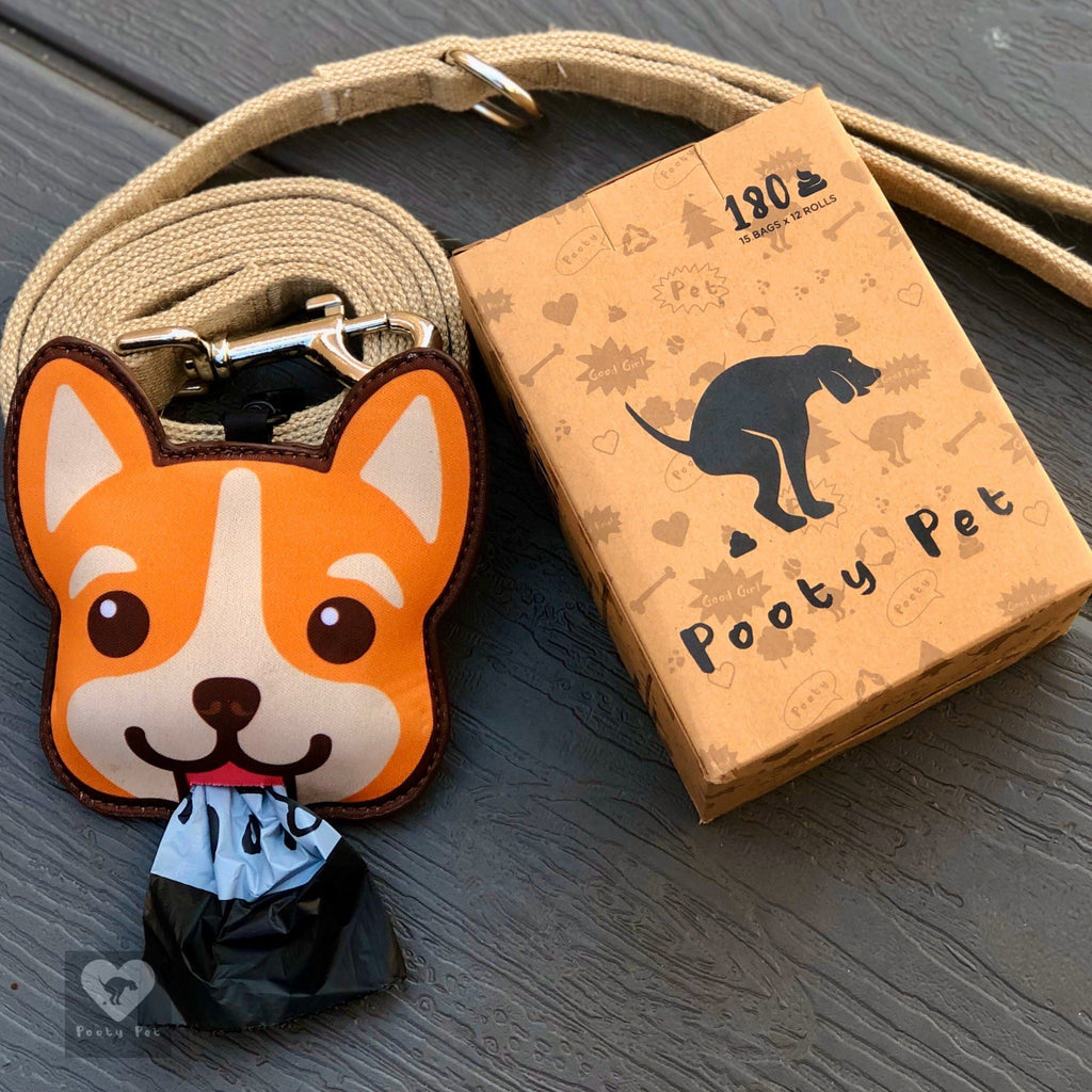 Pooty Pet bags box beside a Corgi poop bag holder on a leash