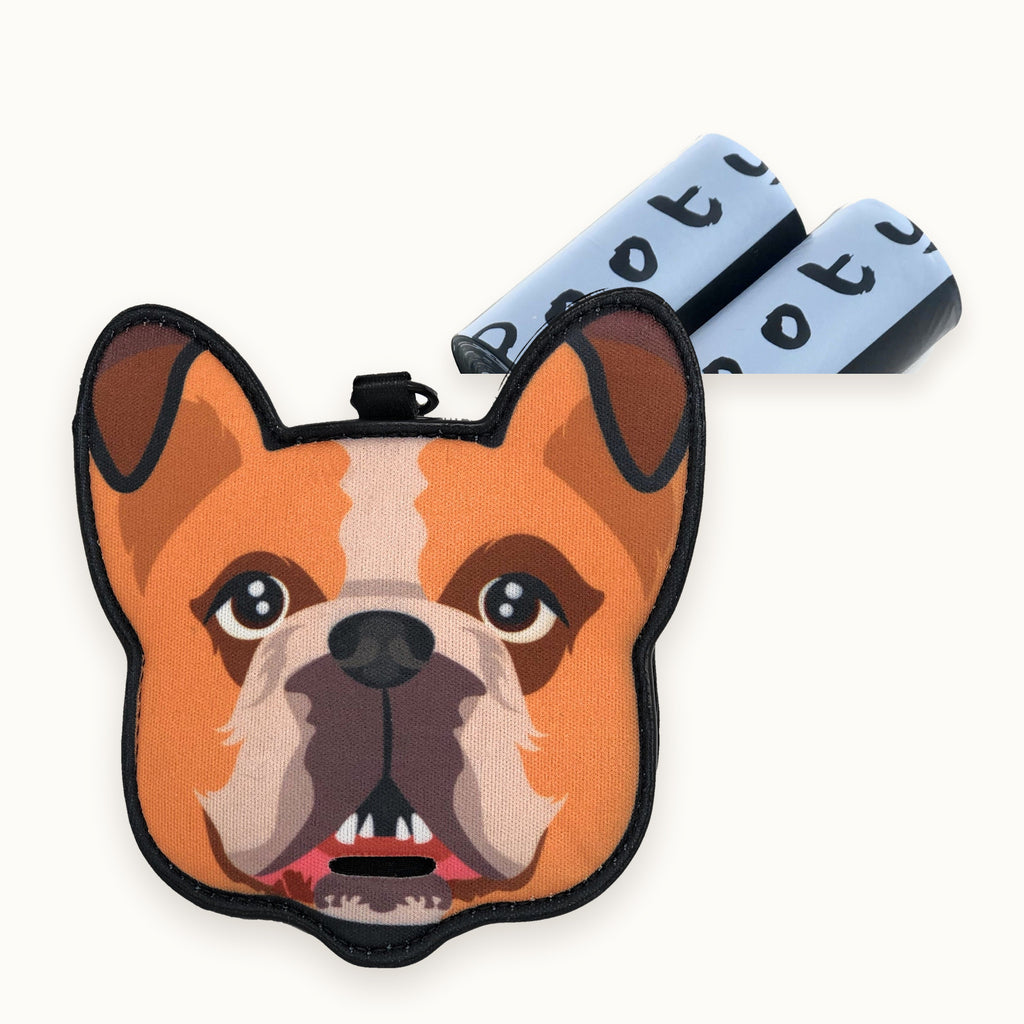 English Bulldog poop bag holder with two refill rolls of Pooty Pet bags
