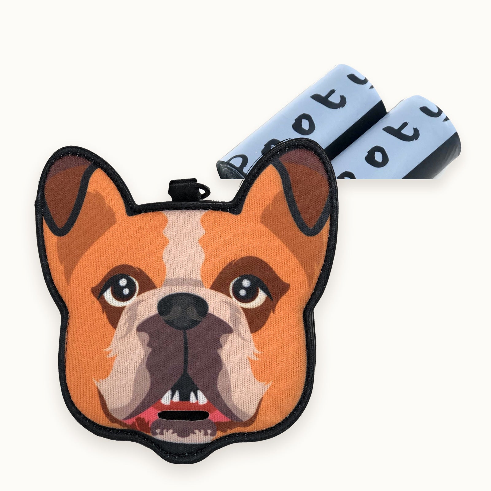 English Bulldog poop bag holder with two refill rolls of Pooty Pet bags