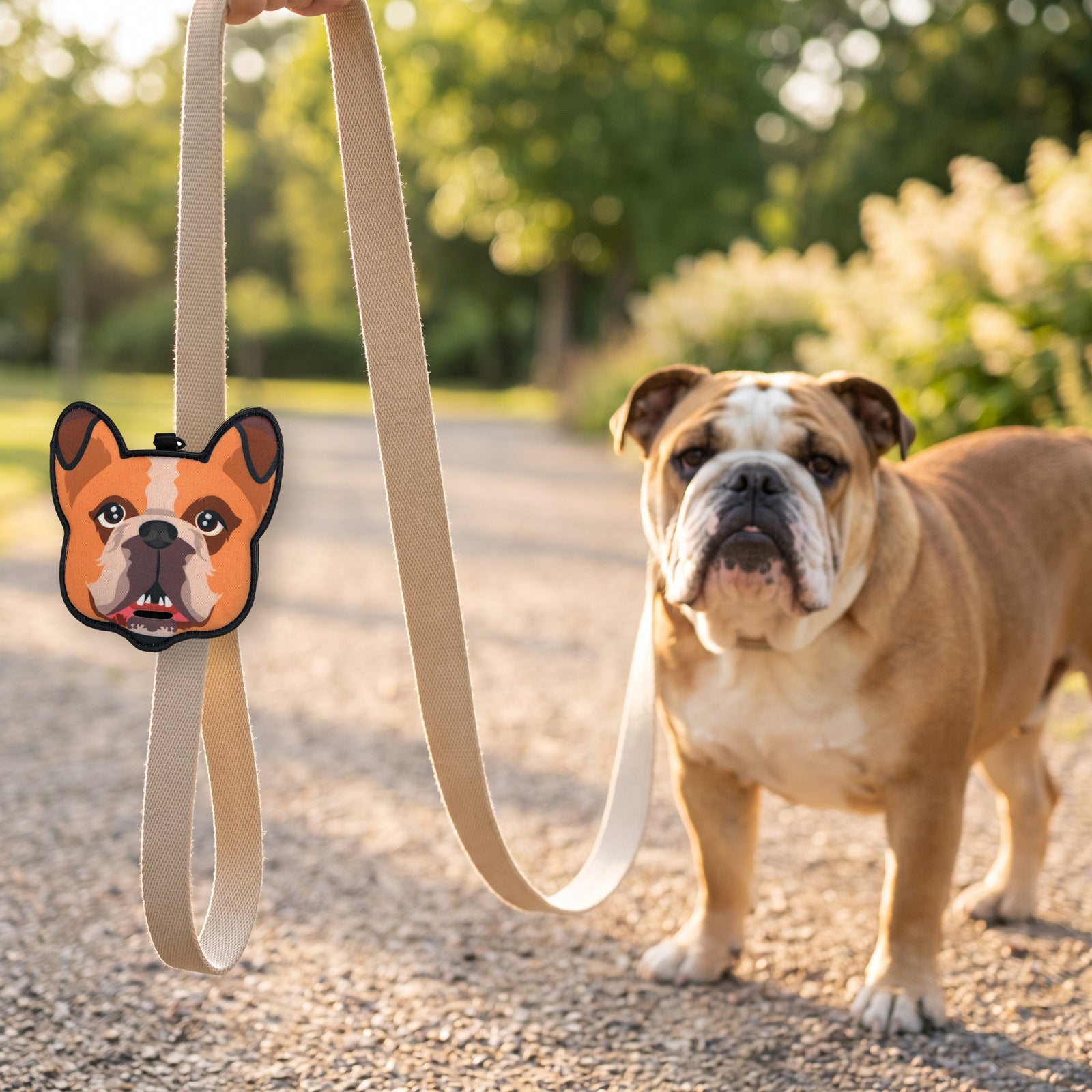 English Bulldog poop bag holder clipped to a leash on a walk