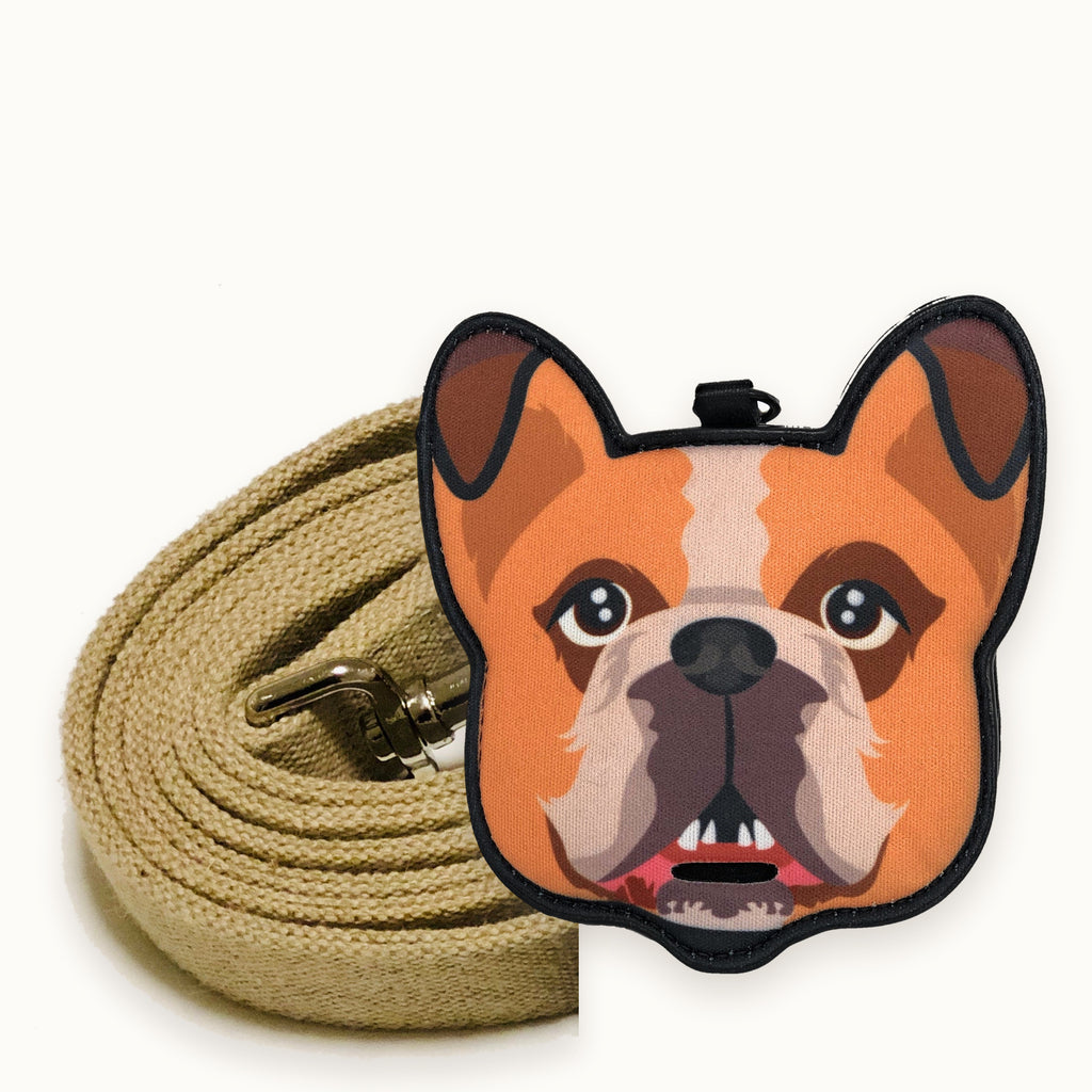 English Bulldog poop bag holder clipped to a cotton dog leash