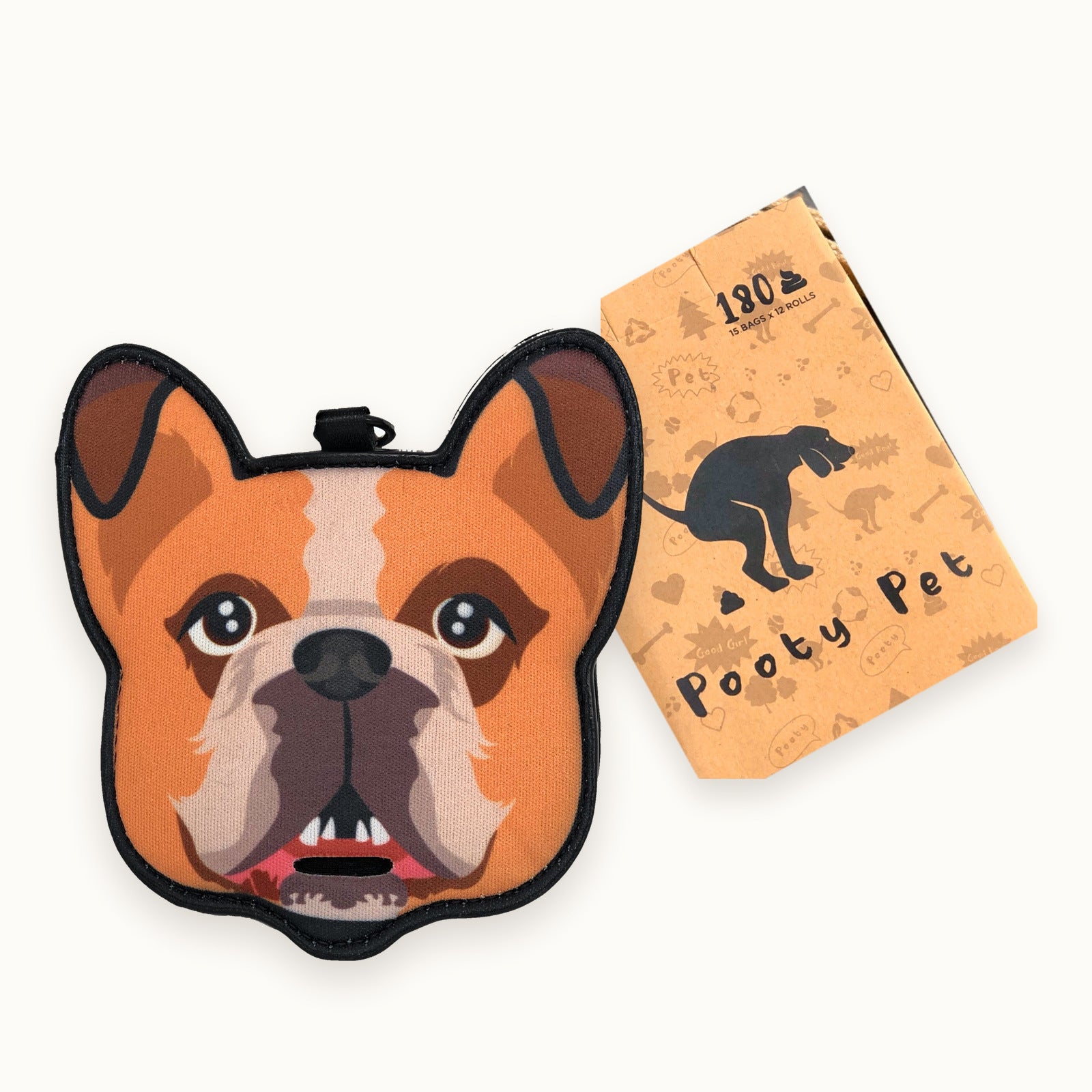 English Bulldog poop bag holder with its Pooty Pet gift box