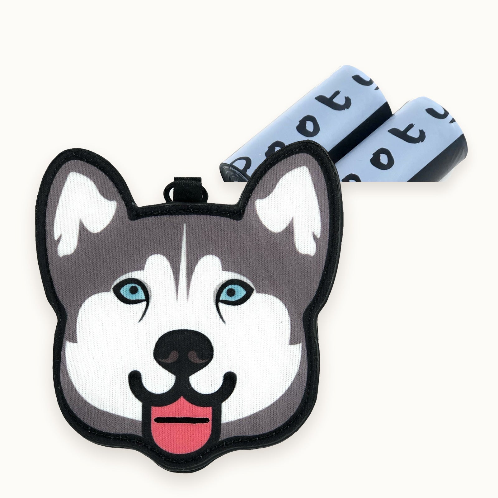 Husky poop bag holder with two refill rolls of Pooty Pet bags