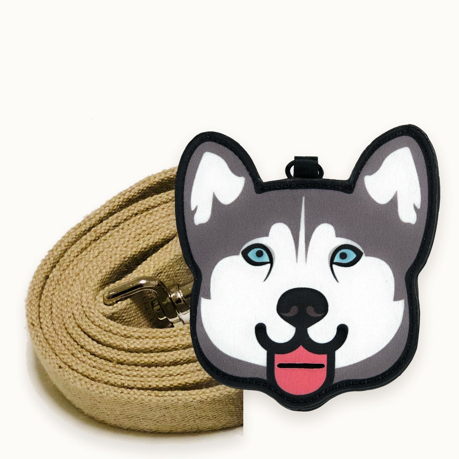 Husky poop bag holder clipped to a cotton dog leash