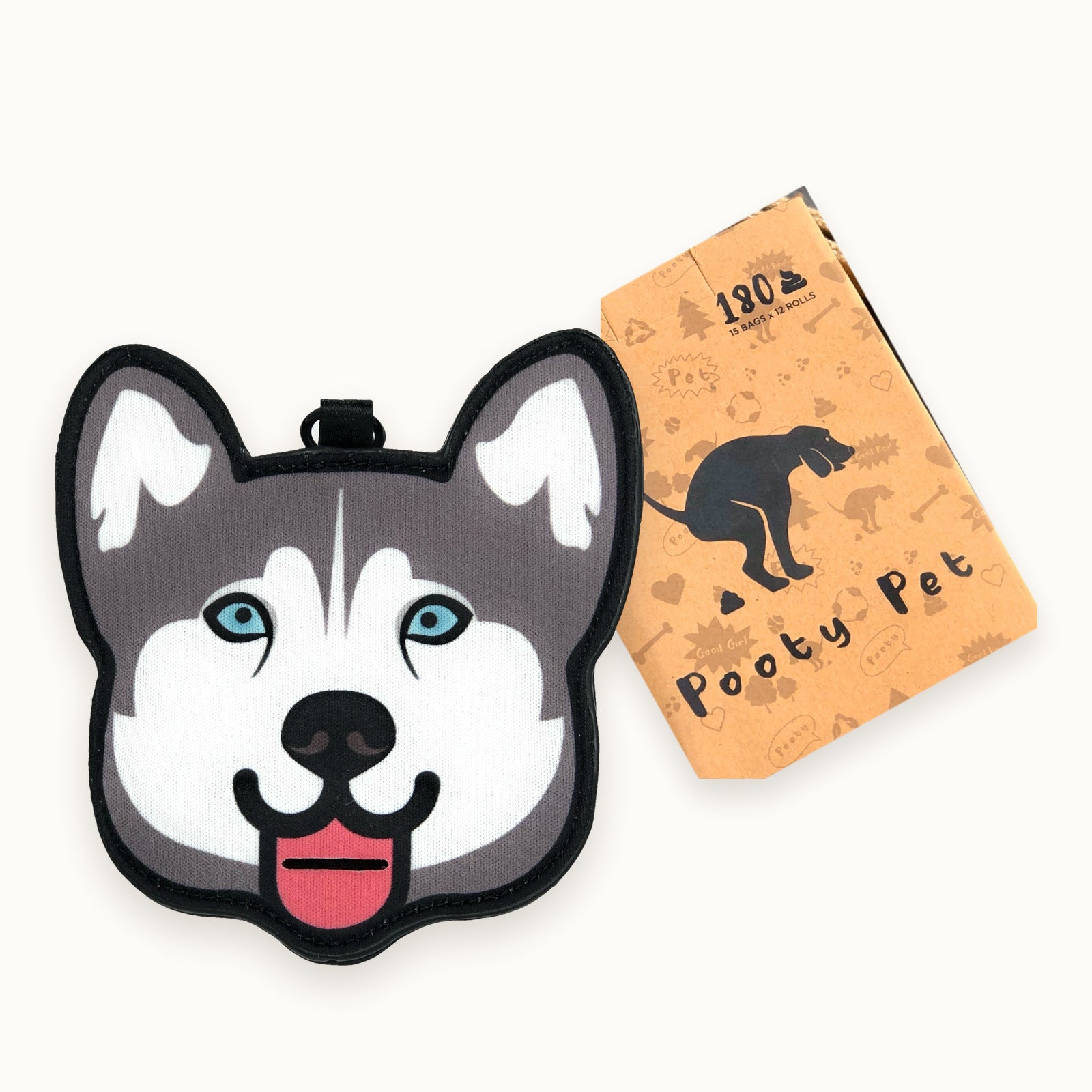 Husky poop bag holder with its Pooty Pet gift box