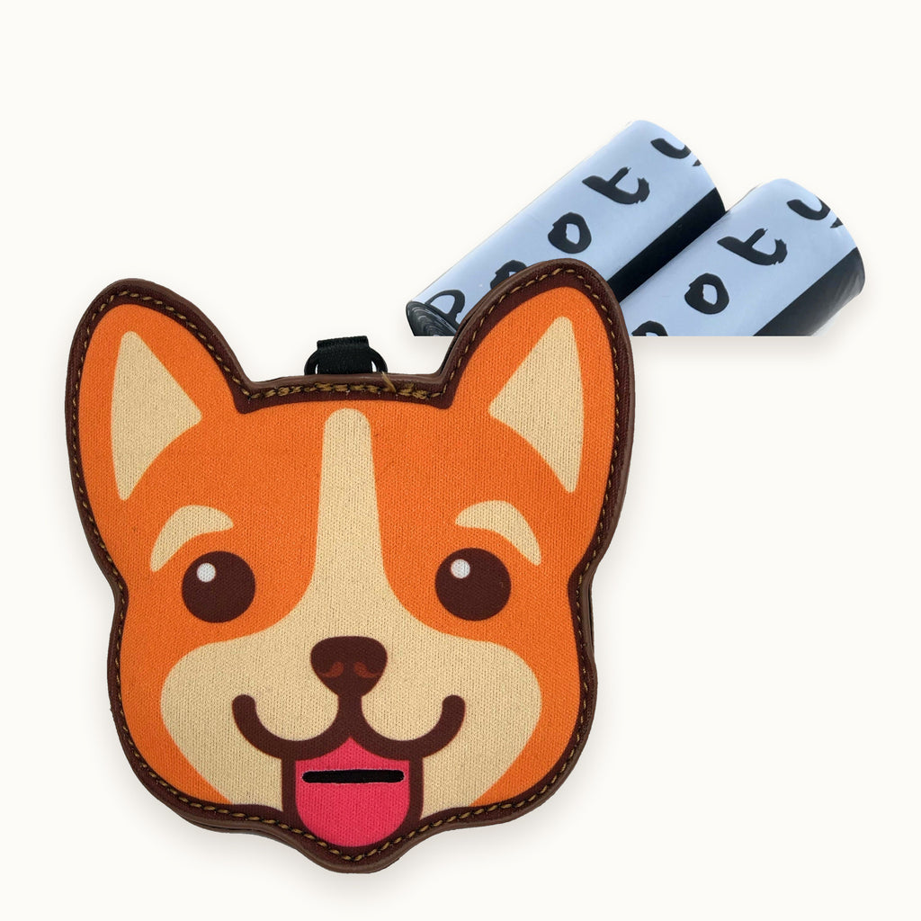 Corgi poop bag holder with two refill rolls of Pooty Pet bags