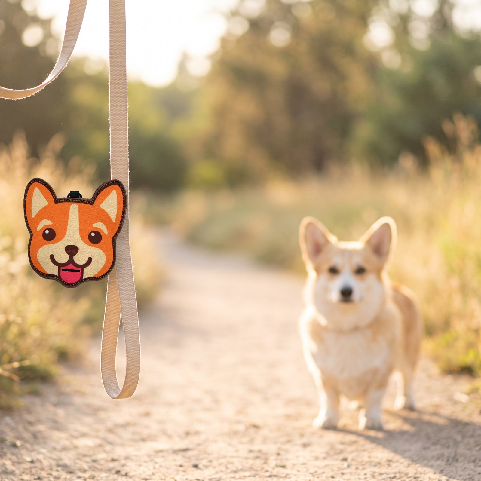 Corgi poop bag holder clipped to a leash on a walk