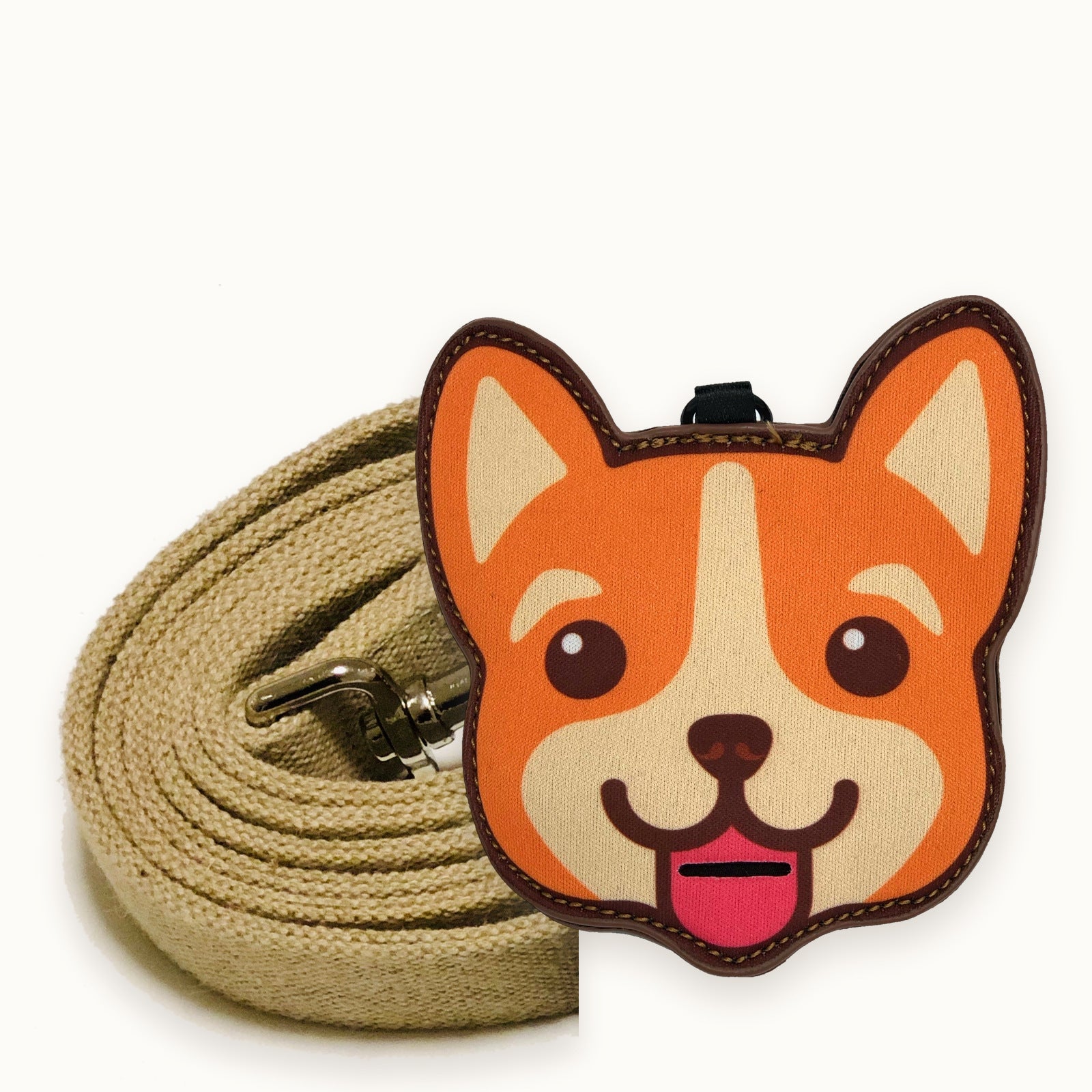 Corgi poop bag holder clipped to a cotton dog leash
