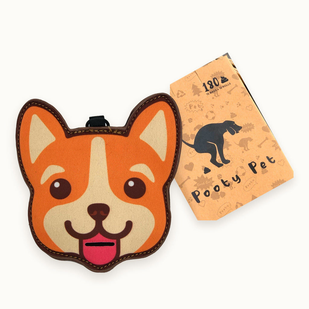 Corgi poop bag holder with its Pooty Pet gift box